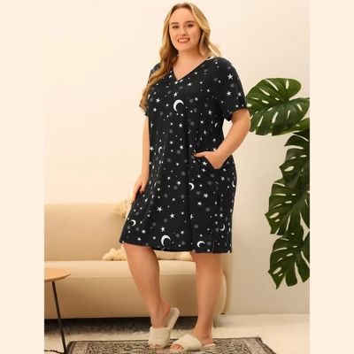 Agnes Orinda Women's Plus Size Comfort Pajamas Star Moon Pattern V Neck Short Sleeve Nightgown 2 Agnes Orinda Women's Plus Size Comfort Pajamas Star Moon Pattern V Neck Short Sleeve Nightgown - Image 2