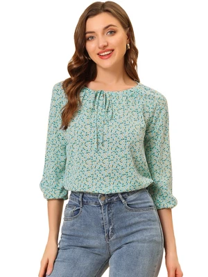 Allegra K Women's Bow Tie Round Neck 3/4 Raglan Sleeve Floral Blouse Tops 14 Allegra K Women's Bow Tie Round Neck 3/4 Raglan Sleeve Floral Blouse Tops - Image 14