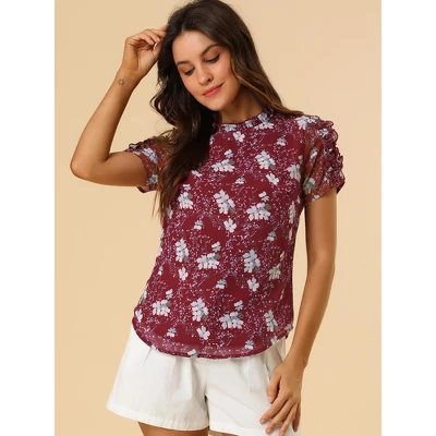 Allegra K Women's Ruffled Neck Chiffon Frill Trim Short Sleeve Floral Print Blouse Tops 1 Allegra K Women's Ruffled Neck Chiffon Frill Trim Short Sleeve Floral Print Blouse Tops