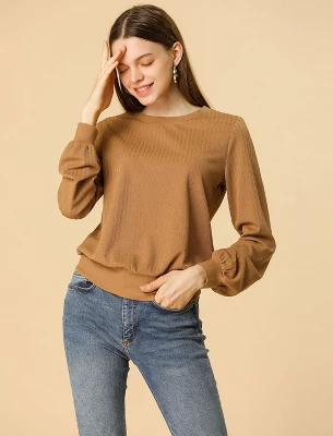 Allegra K Women's Warm Tops Lantern Sleeve Crew Neck Winter Ribbed Pullover Sweater 2 Allegra K Women's Warm Tops Lantern Sleeve Crew Neck Winter Ribbed Pullover Sweater - Image 2