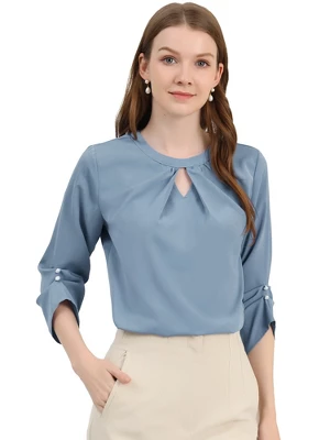 Allegra K Women's Work Office Keyhole Pleated Front Ruched 3/4 Sleeve Chiffon Blouse 13 Allegra K Women's Work Office Keyhole Pleated Front Ruched 3/4 Sleeve Chiffon Blouse - Image 13