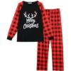 Cheibear Christmas Deer Loungewear Long Sleeves Tee Plaid Pants 2 Piece Family Pajama Sets