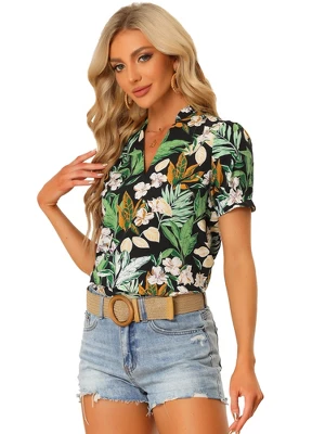 Allegra K Women's Summer Tropical Floral Printed Tops Short Sleeve V Neck Blouse 5 Allegra K Women's Summer Tropical Floral Printed Tops Short Sleeve V Neck Blouse - Image 5