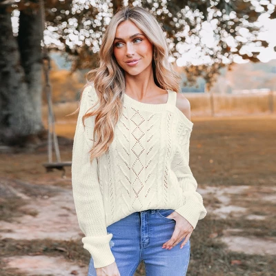 Women's Cutout Cable Knit One-Shoulder Sweater - Cupshe 2 Women's Cutout Cable Knit One-Shoulder Sweater - Cupshe - Image 2