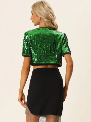 Allegra K Women's Puff Short Sleeve Open Front Party Crop Sequin Cardigan 2 Allegra K Women's Puff Short Sleeve Open Front Party Crop Sequin Cardigan - Image 2