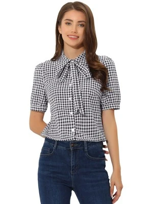 Allegra K Women's Plaid Blouse Bow Tie Neck Puff Short Sleeve Gingham Shirt 6 Allegra K Women's Plaid Blouse Bow Tie Neck Puff Short Sleeve Gingham Shirt - Image 6
