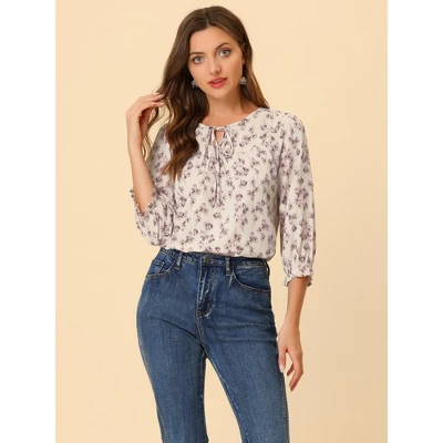 Allegra K Women's Floral Bow Tie Neck Vintage 3/4 Sleeve Blouse 1 Allegra K Women's Floral Bow Tie Neck Vintage 3/4 Sleeve Blouse