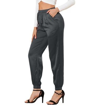 Allegra K Women's Drawstring Elastic Waist Athleisure Pants Ankle Length Satin Joggers With Pocket 19 Allegra K Women's Drawstring Elastic Waist Athleisure Pants Ankle Length Satin Joggers With Pocket - Image 19