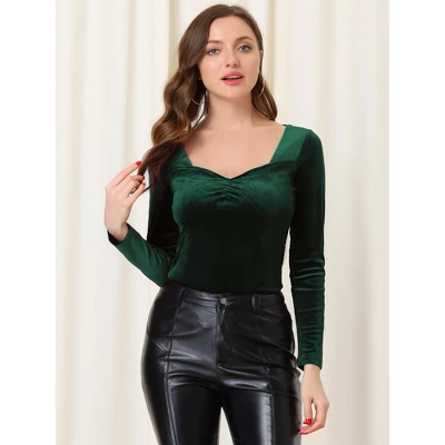 Allegra K Women's Sweetheart Neckline Tops Pleated Front Long Sleeve Retro Velvet Blouse 2 Allegra K Women's Sweetheart Neckline Tops Pleated Front Long Sleeve Retro Velvet Blouse - Image 2