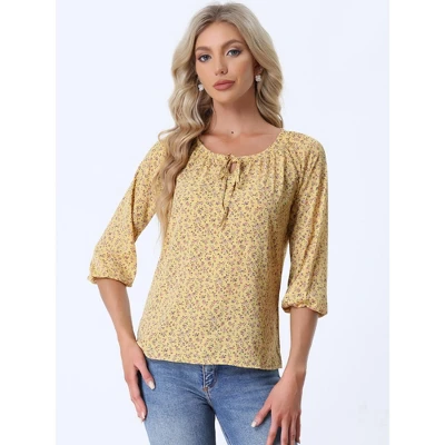 Allegra K Women's Bow Tie Round Neck 3/4 Raglan Sleeve Floral Blouse Tops 2 Allegra K Women's Bow Tie Round Neck 3/4 Raglan Sleeve Floral Blouse Tops - Image 2