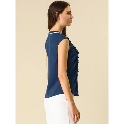 Allegra K Women's Cute Tie Neck Sleeveless Ruffle Button Down Chiffon Summer Shirt 3 Allegra K Women's Cute Tie Neck Sleeveless Ruffle Button Down Chiffon Summer Shirt - Image 3