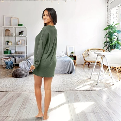 Women's Soft Ribbed Waffle Rib Knit Oversized Sleep Shirt, V-neck Night Shirt Sweater Top 2 Women's Soft Ribbed Waffle Rib Knit Oversized Sleep Shirt, V-neck Night Shirt Sweater Top - Image 2