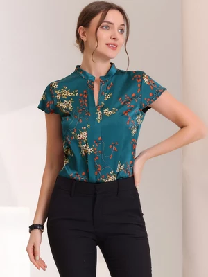Allegra K Women's Satin Stand Collar Work Cap Sleeve Floral Blouse 3 Allegra K Women's Satin Stand Collar Work Cap Sleeve Floral Blouse - Image 3