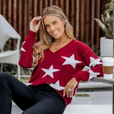 Women's Star Pattern V-Neck Drop Sleeve Sweater - Cupshe 2 Women's Star Pattern V-Neck Drop Sleeve Sweater - Cupshe - Image 2