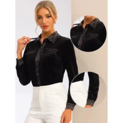 Allegra K Women's Point Collar Faux Pocket Long Sleeves Button Down Velvet Blouse