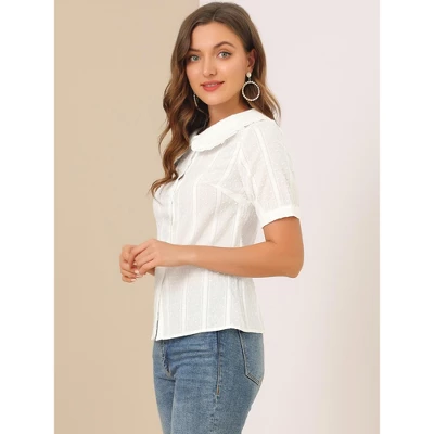 Allegra K Women's Peter Pan Collar Swiss Dots Short Sleeves Button Front Shirt 3 Allegra K Women's Peter Pan Collar Swiss Dots Short Sleeves Button Front Shirt - Image 3