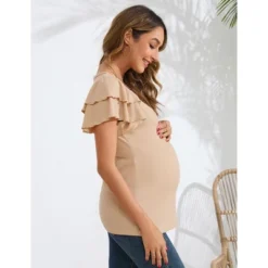 Coolmee Women's Maternity Shirts Nursing Tops Flying Short Sleeve Breastfeeding Tees Lightweight Side Ruched Pregnancy Clothes XL Apricot