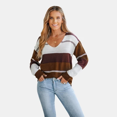 Women's Striped Colorblock V-Neck Sweater - Cupshe 8 Women's Striped Colorblock V-Neck Sweater - Cupshe - Image 8