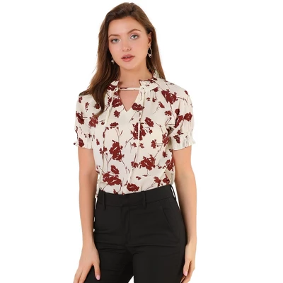 Allegra K Women's Ruffle Tie V Neck Casual Smocked Short Sleeve Floral Top Blouse 6 Allegra K Women's Ruffle Tie V Neck Casual Smocked Short Sleeve Floral Top Blouse - Image 6