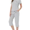 Cheibear Womens Sleepwear Pajama Set Round Neck Nightwear Lounge Pjs With Capri Pants