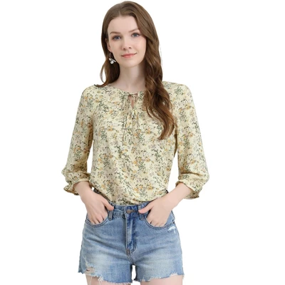Allegra K Women's Floral Bow Tie Neck Vintage 3/4 Sleeve Blouse 12 Allegra K Women's Floral Bow Tie Neck Vintage 3/4 Sleeve Blouse - Image 12