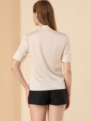 Allegra K Women's Work Tops Career Tie Neck Short Sleeve Satin Elegant Button Down Shirt 4 Allegra K Women's Work Tops Career Tie Neck Short Sleeve Satin Elegant Button Down Shirt - Image 4