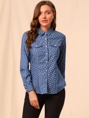 Allegra K Women's Point Collar Chest Pockets Button Down Dots Shirt 2 Allegra K Women's Point Collar Chest Pockets Button Down Dots Shirt - Image 2