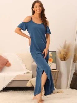 Cheibear Women's Summer Cold Shoulder With Pockets Casual Maxi Maternity Lounge Dress