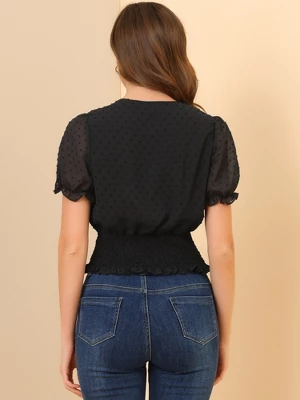 Allegra K Women's V Neck Short Puff Sleeve Swiss Dots Smocked Waist Summer Blouse 4 Allegra K Women's V Neck Short Puff Sleeve Swiss Dots Smocked Waist Summer Blouse - Image 4