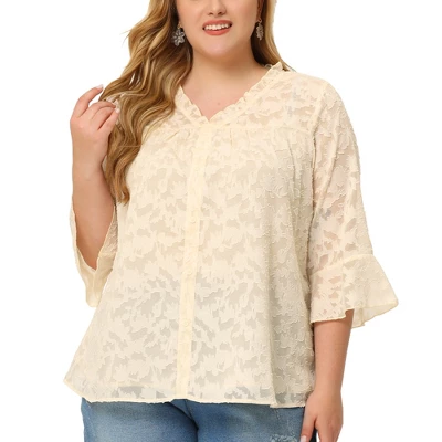 Agnes Orinda Plus Size Top For Women 3/4 Flare Sleeve V Neck Semi Sheer Blouses 5 Agnes Orinda Plus Size Top For Women 3/4 Flare Sleeve V Neck Semi Sheer Blouses - Image 5
