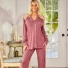 Women's Soft Knit Jersey Pajamas Lounge Set, Long Sleeve Top And Pants With Pockets