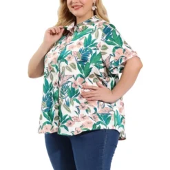 Agnes Orinda Women's Plus Size Shirts Turndown Collar Button Down Full Placket Short Sleeve Floral Summer Shirt