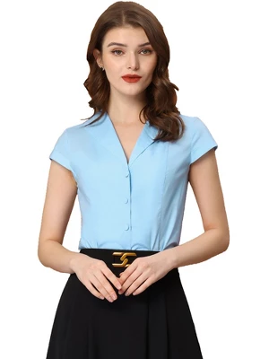 Allegra K Women's V Neck Collared Work Shirt Cap Sleeve Button Down Blouse 5 Allegra K Women's V Neck Collared Work Shirt Cap Sleeve Button Down Blouse - Image 5