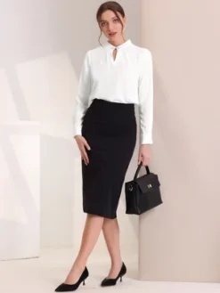 Allegra K Women's Pleated Mock Neck Pearl Decor Elegant Work Blouse