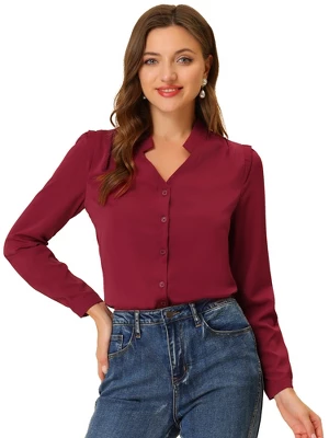 Allegra K Women's Elegant V Neck Work Office Button Up Shirt 14 Allegra K Women's Elegant V Neck Work Office Button Up Shirt - Image 14