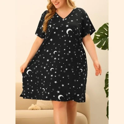 Agnes Orinda Women's Plus Size Comfort Pajamas Star Moon Pattern V Neck Short Sleeve Nightgown 1 Agnes Orinda Women's Plus Size Comfort Pajamas Star Moon Pattern V Neck Short Sleeve Nightgown