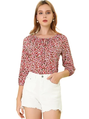 Allegra K Women's Bow Tie Round Neck 3/4 Raglan Sleeve Floral Blouse Tops 7 Allegra K Women's Bow Tie Round Neck 3/4 Raglan Sleeve Floral Blouse Tops - Image 7