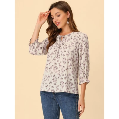 Allegra K Women's Floral Bow Tie Neck Vintage 3/4 Sleeve Blouse 2 Allegra K Women's Floral Bow Tie Neck Vintage 3/4 Sleeve Blouse - Image 2