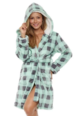 Women's Classic Plush Hooded Robe, Short Fleece Plaid Bathrobe With Hood 14 Women's Classic Plush Hooded Robe, Short Fleece Plaid Bathrobe With Hood - Image 14