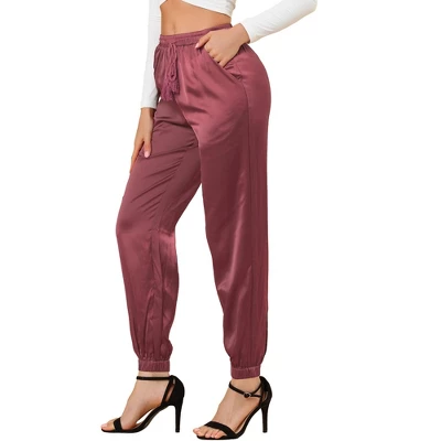 Allegra K Women's Drawstring Elastic Waist Athleisure Pants Ankle Length Satin Joggers With Pocket 20 Allegra K Women's Drawstring Elastic Waist Athleisure Pants Ankle Length Satin Joggers With Pocket - Image 20