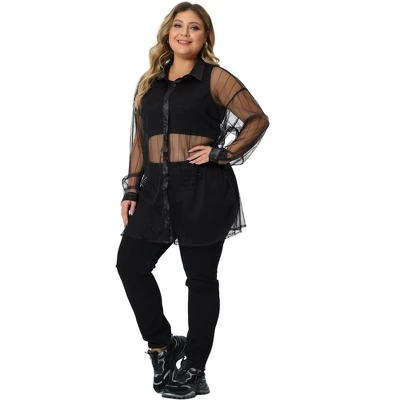 Agnes Orinda Women's Plus Size Mesh Sheer Long Sleeve Button Down See Through Shirts 2 Agnes Orinda Women's Plus Size Mesh Sheer Long Sleeve Button Down See Through Shirts - Image 2