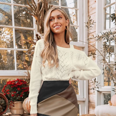 Women's Cutout Cable Knit One-Shoulder Sweater - Cupshe 1 Women's Cutout Cable Knit One-Shoulder Sweater - Cupshe