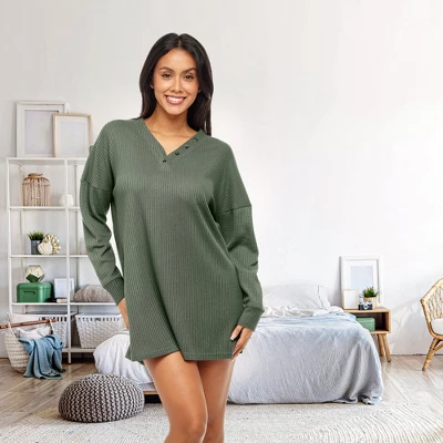 Women's Soft Ribbed Waffle Rib Knit Oversized Sleep Shirt, V-neck Night Shirt Sweater Top 3 Women's Soft Ribbed Waffle Rib Knit Oversized Sleep Shirt, V-neck Night Shirt Sweater Top - Image 3