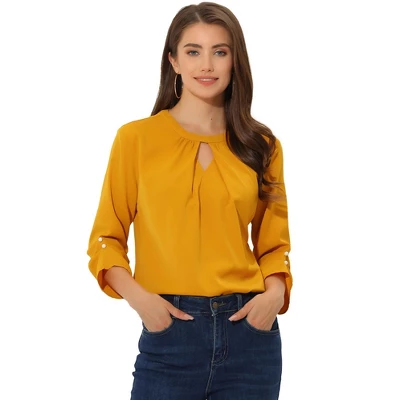 Allegra K Women's Work Office Keyhole Pleated Front Ruched 3/4 Sleeve Chiffon Blouse 11 Allegra K Women's Work Office Keyhole Pleated Front Ruched 3/4 Sleeve Chiffon Blouse - Image 11