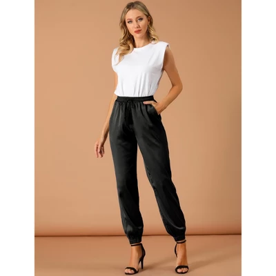 Allegra K Women's Drawstring Elastic Waist Athleisure Pants Ankle Length Satin Joggers With Pocket 2 Allegra K Women's Drawstring Elastic Waist Athleisure Pants Ankle Length Satin Joggers With Pocket - Image 2