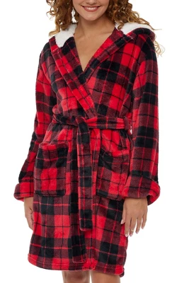 Women's Classic Plush Hooded Robe, Short Fleece Plaid Bathrobe With Hood 11 Women's Classic Plush Hooded Robe, Short Fleece Plaid Bathrobe With Hood - Image 11