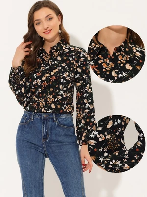 Allegra K Women's Puff Sleeve Floral Top Long Sleeve Button Down Shirt 1 Allegra K Women's Puff Sleeve Floral Top Long Sleeve Button Down Shirt