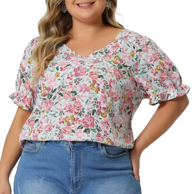 Agnes Orinda Women's Plus Size V Neck Ruffle Sleeve Floral Blouse 7 Agnes Orinda Women's Plus Size V Neck Ruffle Sleeve Floral Blouse - Image 7
