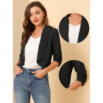 Allegra K Women's 3/4 Ruched Sleeve Shawl Lapel Lightweight Open Front Cardigans 1 Allegra K Women's 3/4 Ruched Sleeve Shawl Lapel Lightweight Open Front Cardigans