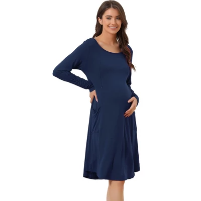 Cheibear Womens Casual Round Neck Maternity Long Sleeve Loungewear Dress With Pockets 5 Cheibear Womens Casual Round Neck Maternity Long Sleeve Loungewear Dress With Pockets - Image 5